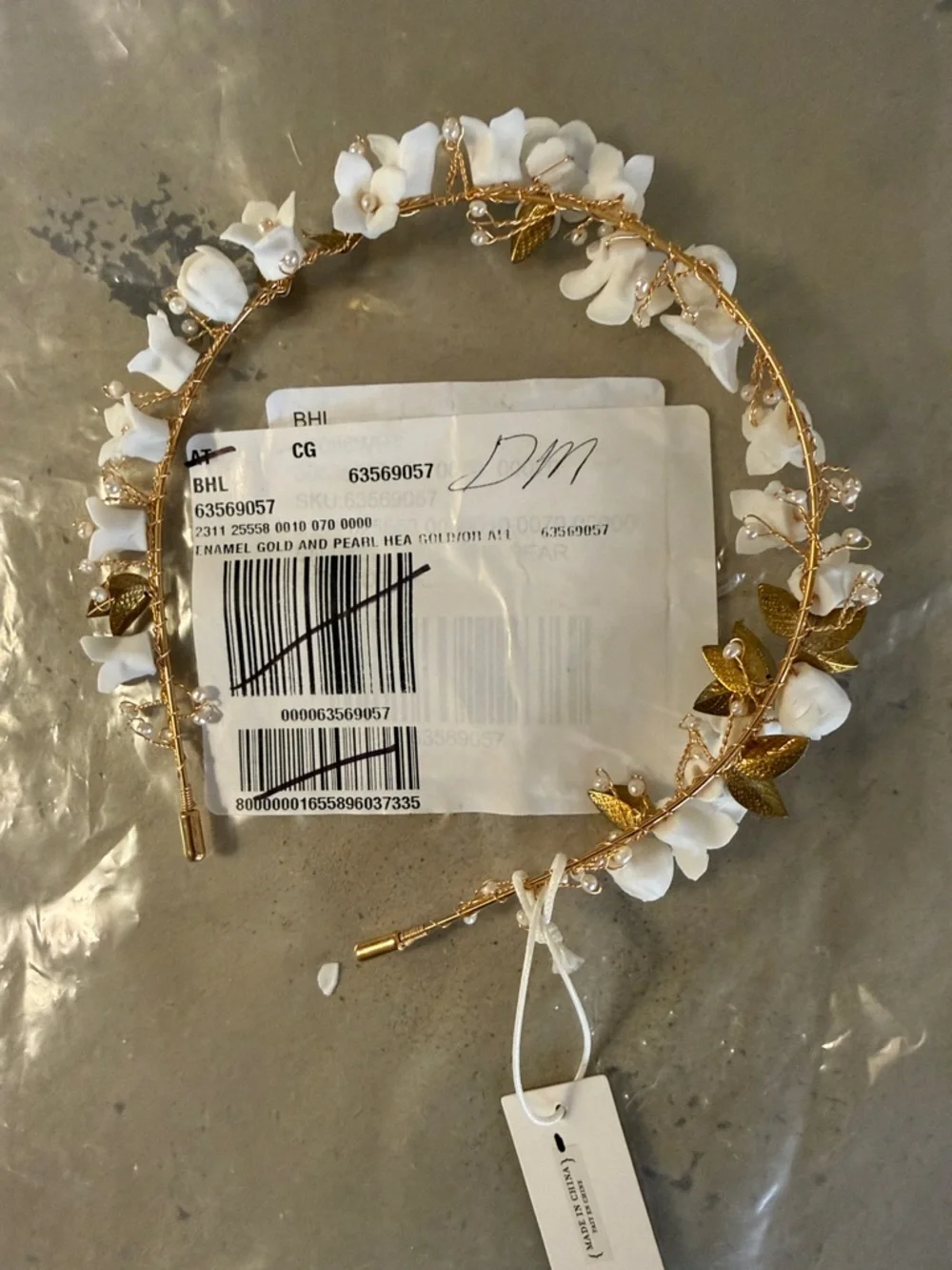 SEREFINA Enamel Gold and Pearl Headband with Ivory flowers BHLDN